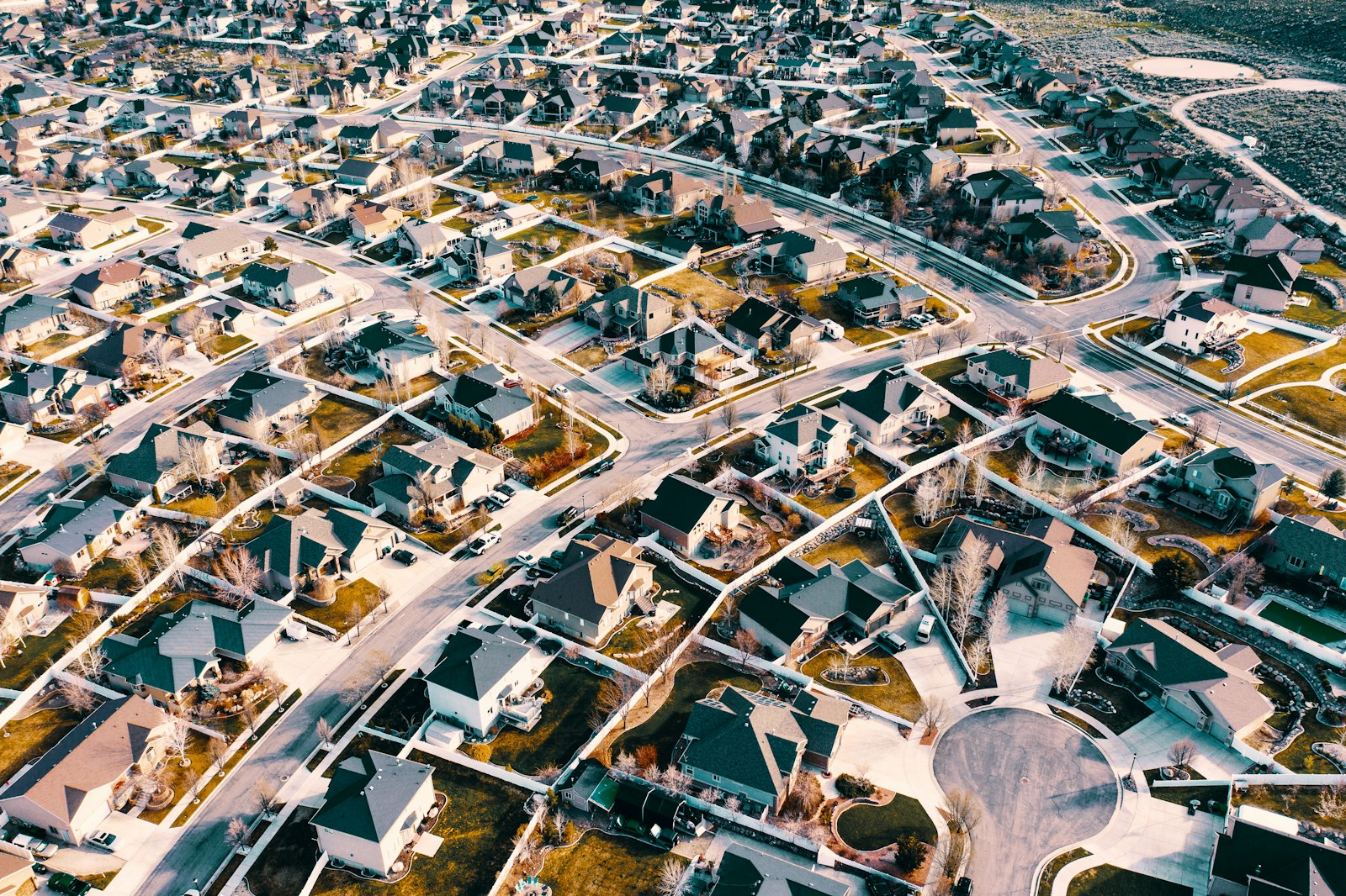 Aerial view of a midsize city with commercial and residential buildings